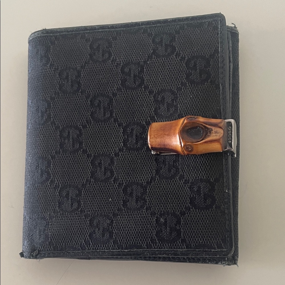 Gucci Black Monogram Wallet with Brown Bamboo-Style Clasp